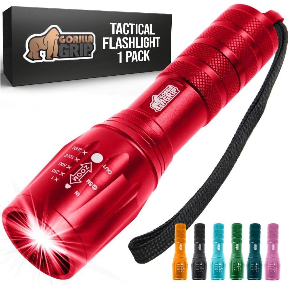 imageGORILLA GRIP Powerful LED Tactical Flashlight 750 FT High Lumens 5 Adjustable Modes Water Resistant Ultra Bright Zoom Flashlights Small Mini Flash Light Camping Night Dog Walking TurquoiseRed