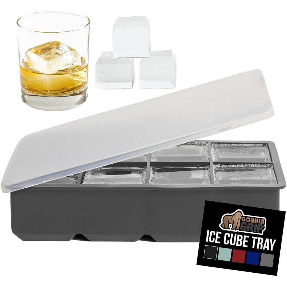 imageGORILLA GRIP Slow Melting Large Silicone Ice Cube Tray for Freezer Easy to Push 8 Giant Square Cubes Use for Cocktails Iced Coffee Water Bottle Frozen Puree Kitchen Bar Essentials 1 Pack BlackGray
