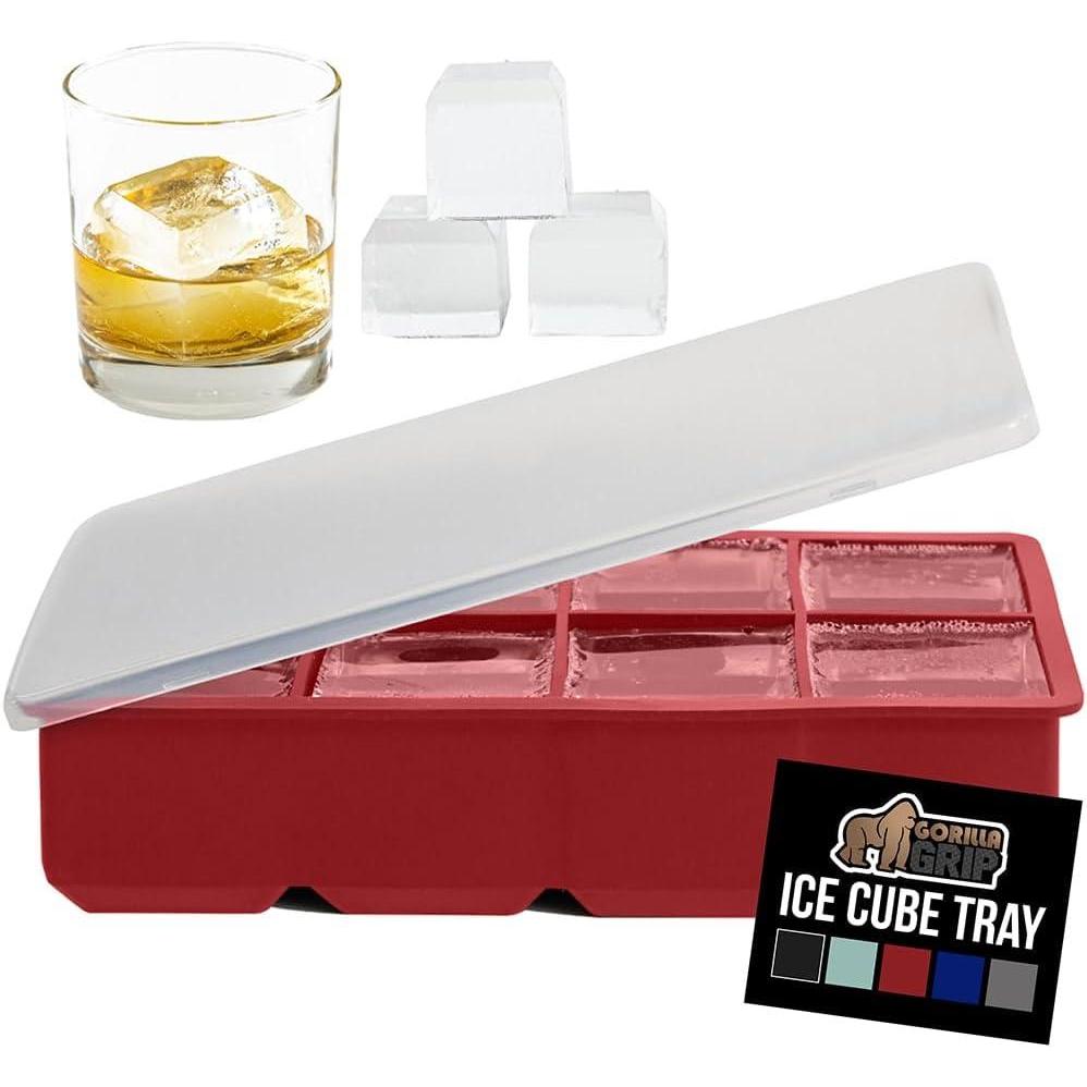 imageGORILLA GRIP Slow Melting Large Silicone Ice Cube Tray for Freezer Easy to Push 8 Giant Square Cubes Use for Cocktails Iced Coffee Water Bottle Frozen Puree Kitchen Bar Essentials 1 Pack BlackRed