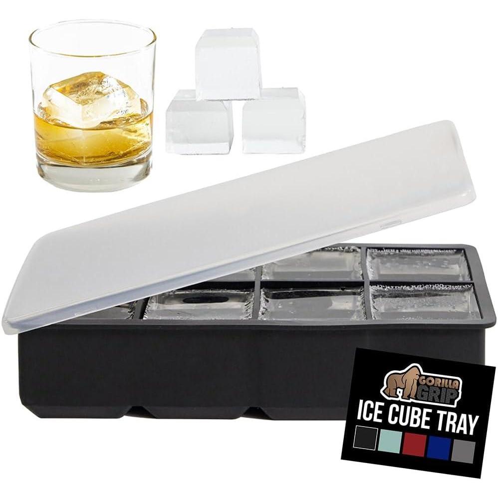 imageGORILLA GRIP Slow Melting Large Silicone Ice Cube Tray for Freezer Easy to Push 8 Giant Square Cubes Use for Cocktails Iced Coffee Water Bottle Frozen Puree Kitchen Bar Essentials 1 Pack BlackBlack