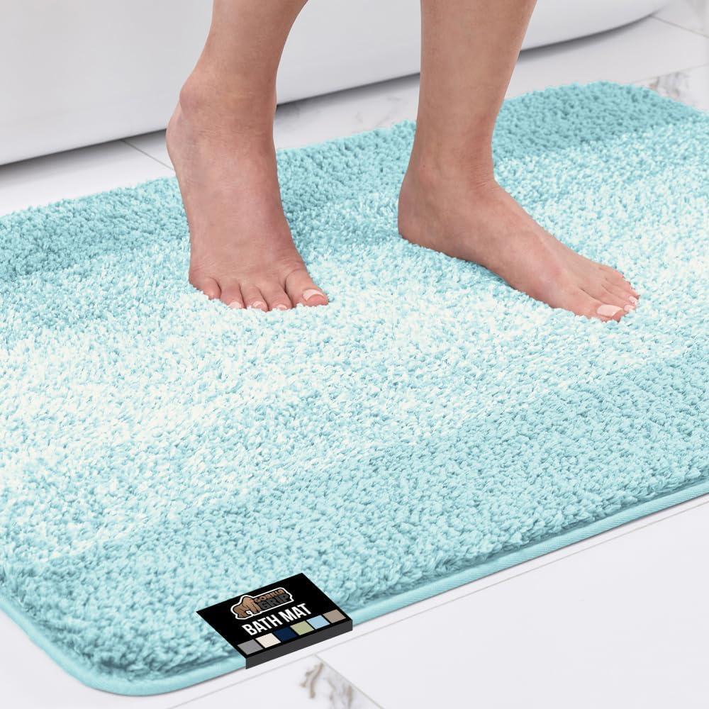 imageGORILLA GRIP Soft Plush Bathroom Rugs with Textured Rubber Backing Absorbent Quick Dry Bath Mat Machine Washable Shower Mats Home Dcor Accessories Bathmat Rug Floor Essentials 30 x 18 GreyLight Blue Ombre