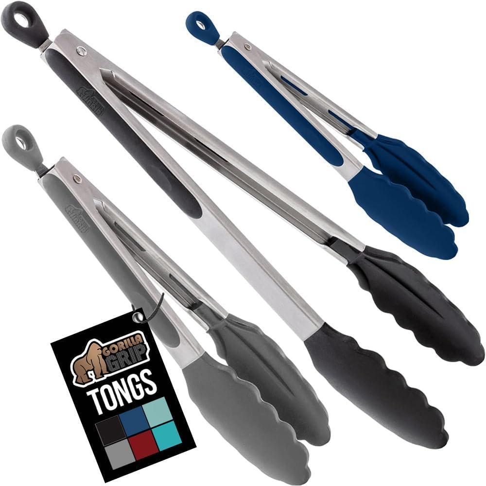 imageGORILLA GRIP Stainless Steel Heat Resistant Kitchen Tongs for Cooking 12 14 Inch Set of 2 BBQ Tong Non Scratch Silicone Tip for Pan Strong Grip Grab Food Toss Salad Air Fryer Pull Lock BlackBlack Gray Blue