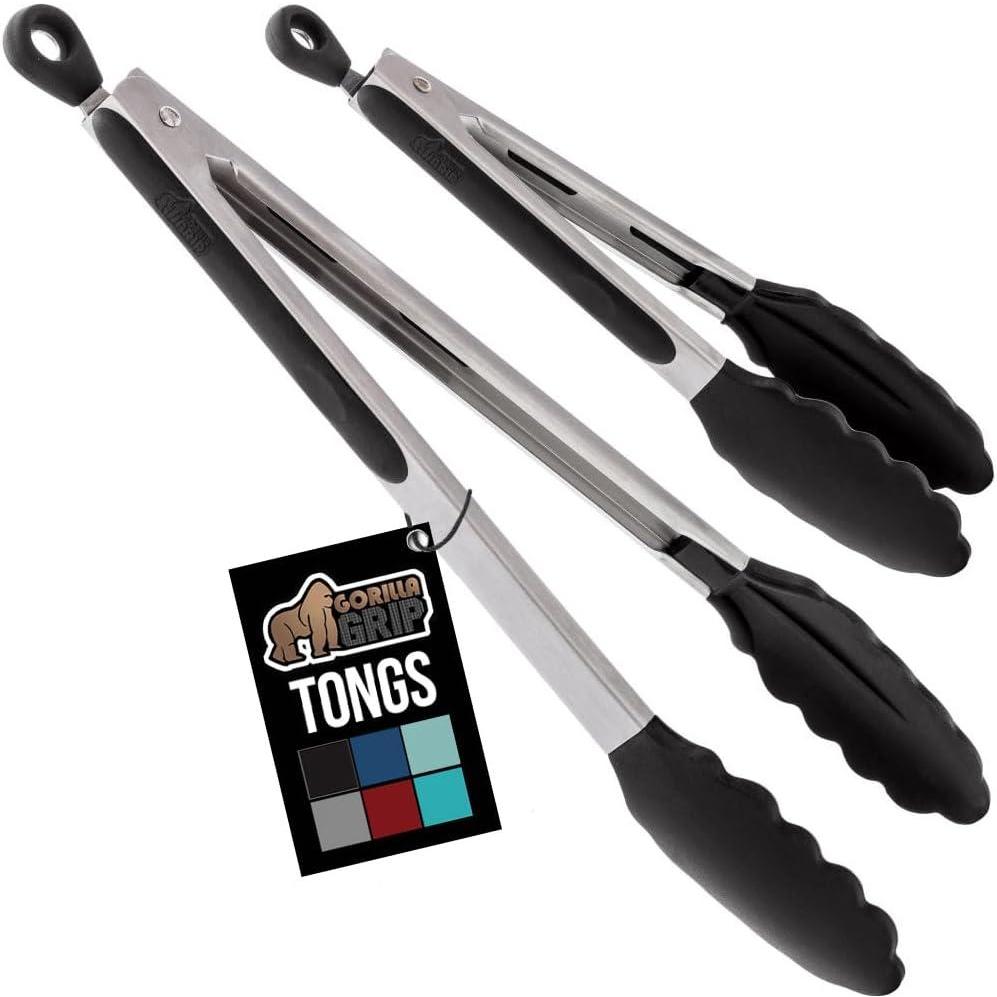 imageGORILLA GRIP Stainless Steel Heat Resistant Kitchen Tongs for Cooking 12  14 Inch Set of 2 BBQ Tong Non Scratch Silicone Tip for Pan Strong Grip Grab Food Toss Salad Air Fryer Pull Lock BlackBlack