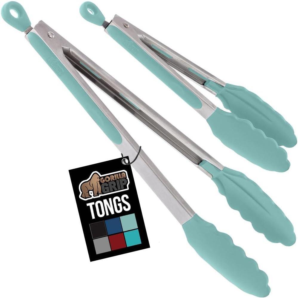 imageGORILLA GRIP Stainless Steel Heat Resistant Kitchen Tongs for Cooking 12  14 Inch Set of 2 BBQ Tong Non Scratch Silicone Tip for Pan Strong Grip Grab Food Toss Salad Air Fryer Pull Lock BlackMint