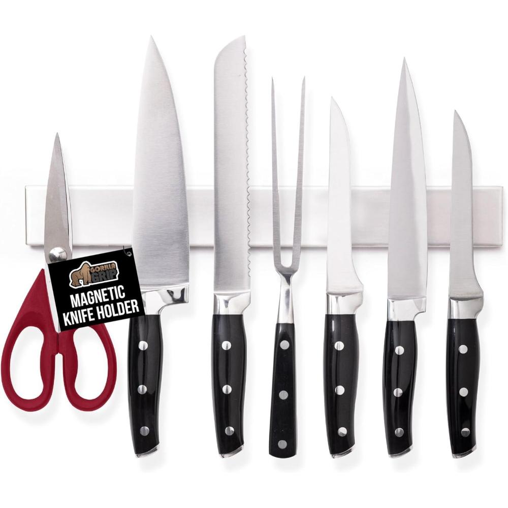 imageGORILLA GRIP Stainless Steel Magnetic Knife Holder for Wall 16 in Magnet Bar for Knives Tools Supplies Heavy Duty Metal Strip Holds Up to 6 lb Kitchen Organizer NonAdhesive Drilling RequiredSilver