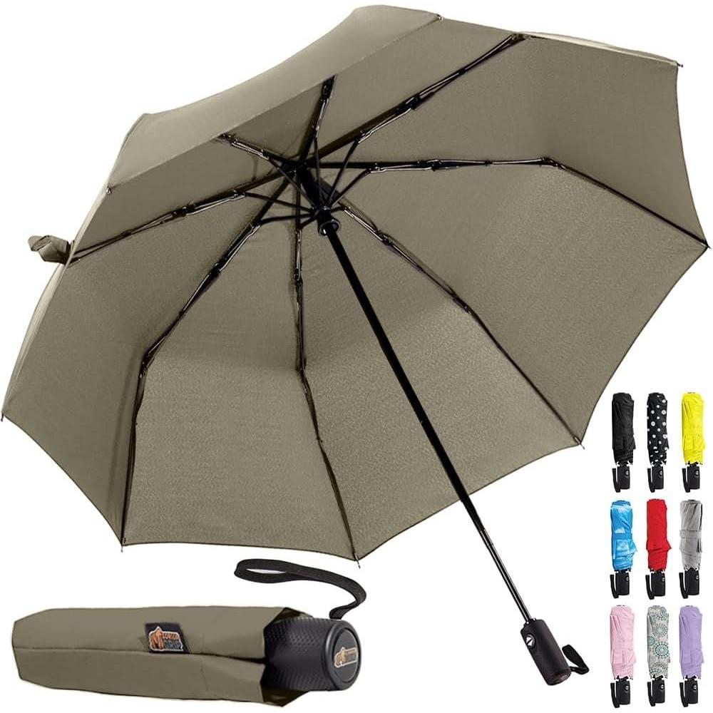 imageGORILLA GRIP Strong Windproof Stick Compact Umbrella for Rain OneClick Automatic Open and Close Durable Quick Dry Waterproof Material Lightweight and Portable Travel Size Fits Backpack BlackBeige