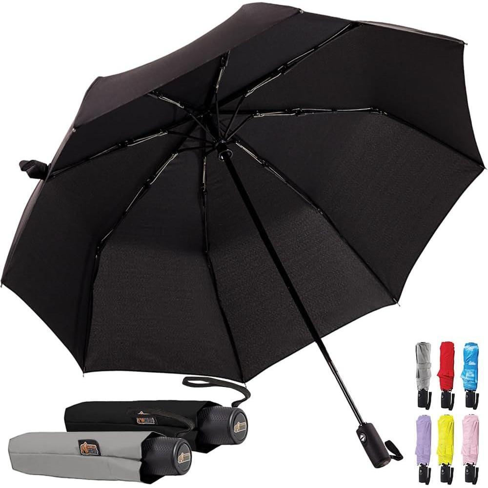 imageGORILLA GRIP Strong Windproof Stick Compact Umbrella for Rain OneClick Automatic Open and Close Durable Quick Dry Waterproof Material Lightweight and Portable Travel Size Fits Backpack BlackBlack Gray