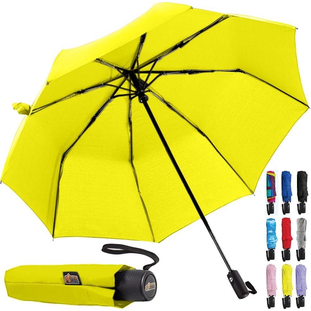 imageGORILLA GRIP Strong Windproof Stick Compact Umbrella for Rain OneClick Automatic Open and Close Durable Quick Dry Waterproof Material Lightweight and Portable Travel Size Fits Backpack BlackYellow