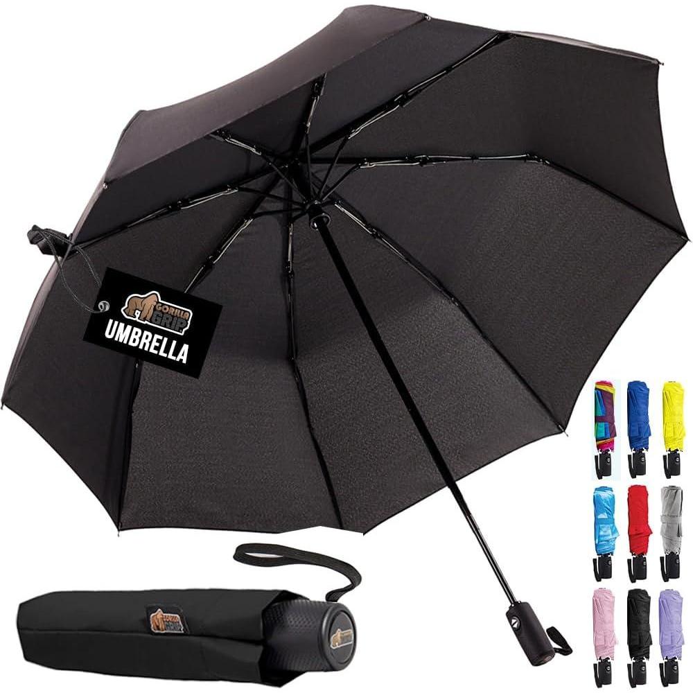 imageGORILLA GRIP Strong Windproof Stick Compact Umbrella for Rain OneClick Automatic Open and Close Durable Quick Dry Waterproof Material Lightweight and Portable Travel Size Fits Backpack BlackBlack