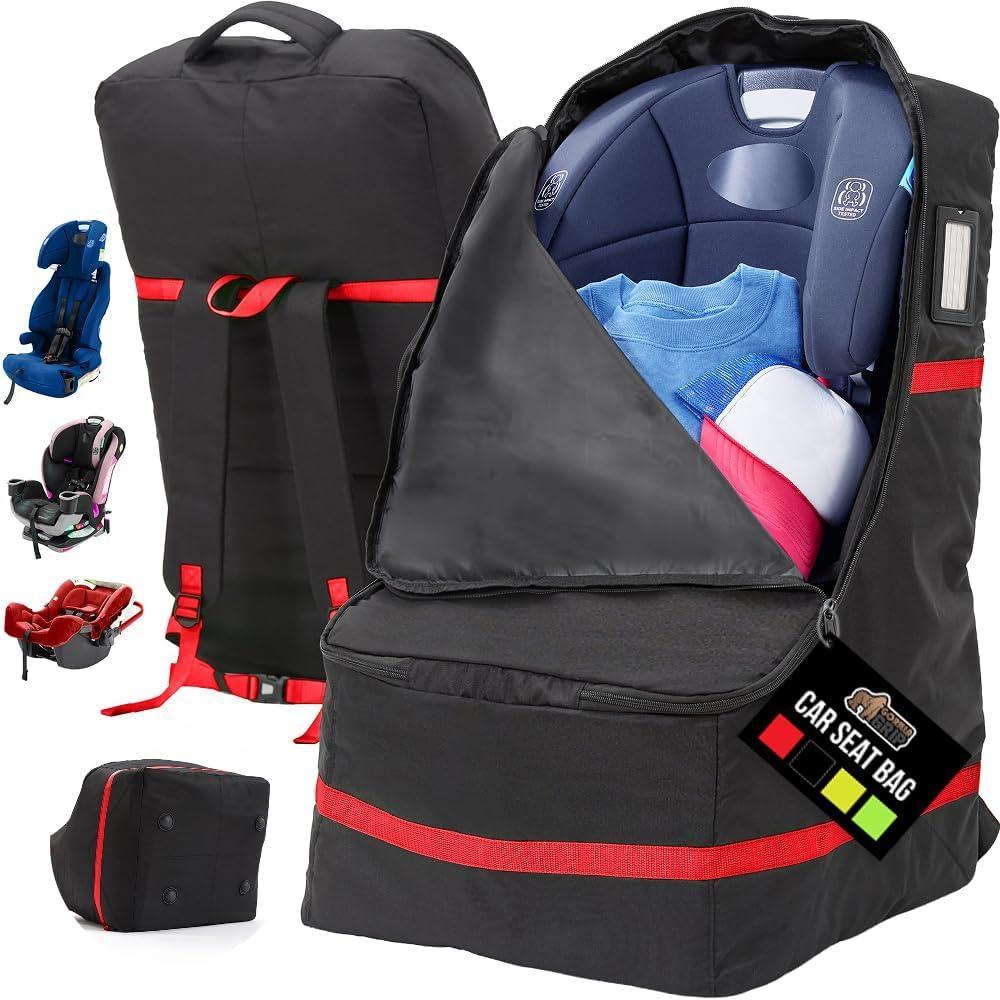 imageGORILLA GRIP Tear and Water Resistant Padded Car Seat Travel Bag for Airplane and Airport Universal Fit Baby Carseat Bags Holds Up to 50lbs Handle amp Shoulder Straps Air Gate Check Carrier GreenRed