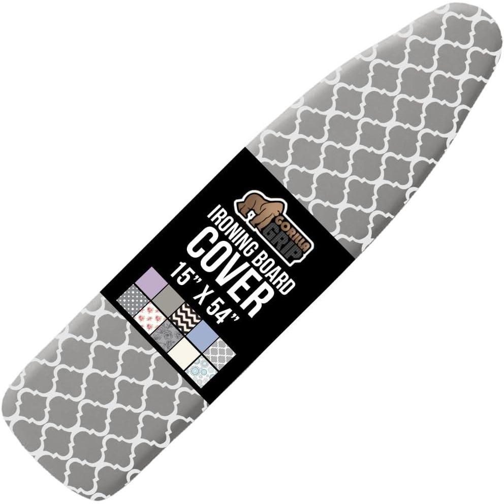 imageGORILLA GRIP The Original Ironing Board Cover and Pad Silicone Coating Thick Scorch Resistant Padding Heavy Duty Iron Covers Standard Boards Hook and Loop Fastener Strap Silver 15x54Quatrefoil GrayWhite