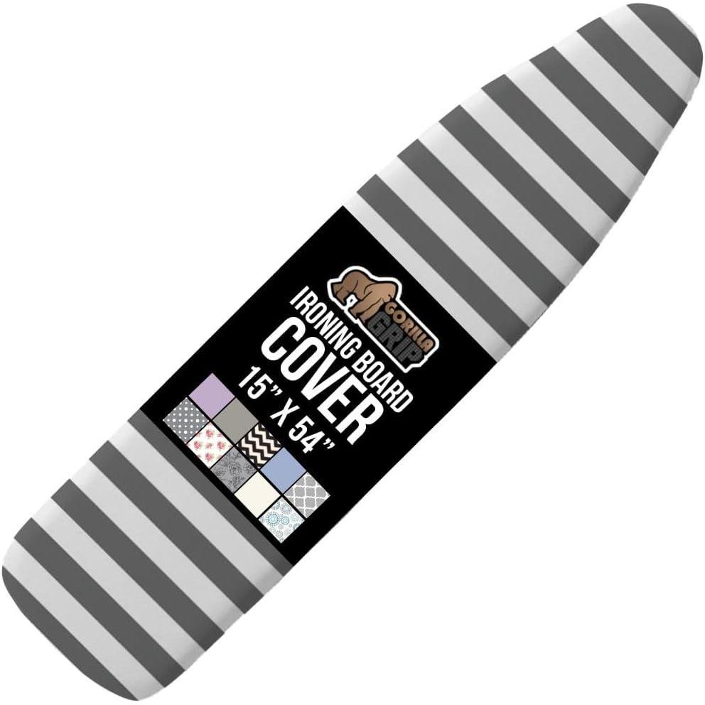 imageGORILLA GRIP The Original Ironing Board Cover and Pad Silicone Coating Thick Scorch Resistant Padding Heavy Duty Iron Covers Standard Boards Hook and Loop Fastener Strap Silver 15x54Striped WhiteGray