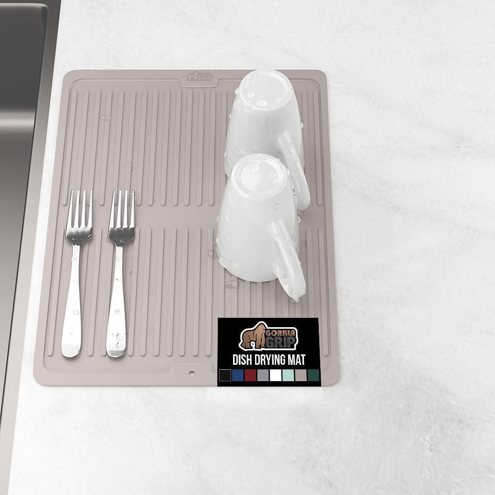 imageGORILLA GRIP Ultra Water Absorbent Microfiber Dish Drying Mat 18x24 Quick Dry Thick Mesh Slip Resistant Pad for Sink Dishes or Under Rack Kitchen Counter Accessories Machine Wash Mats GrayAlmond