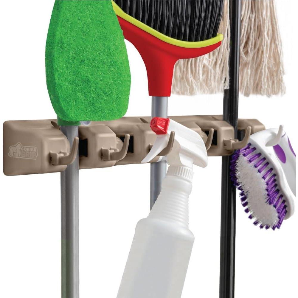 imageGORILLA GRIP Wall Mount Hook Fixture Also Includes Slots to Hold Mop Broom Tools Easy Install Organize Cleaners Tools Home Kitchen Garage 6 Hooks 5 Slots BeigeBeige