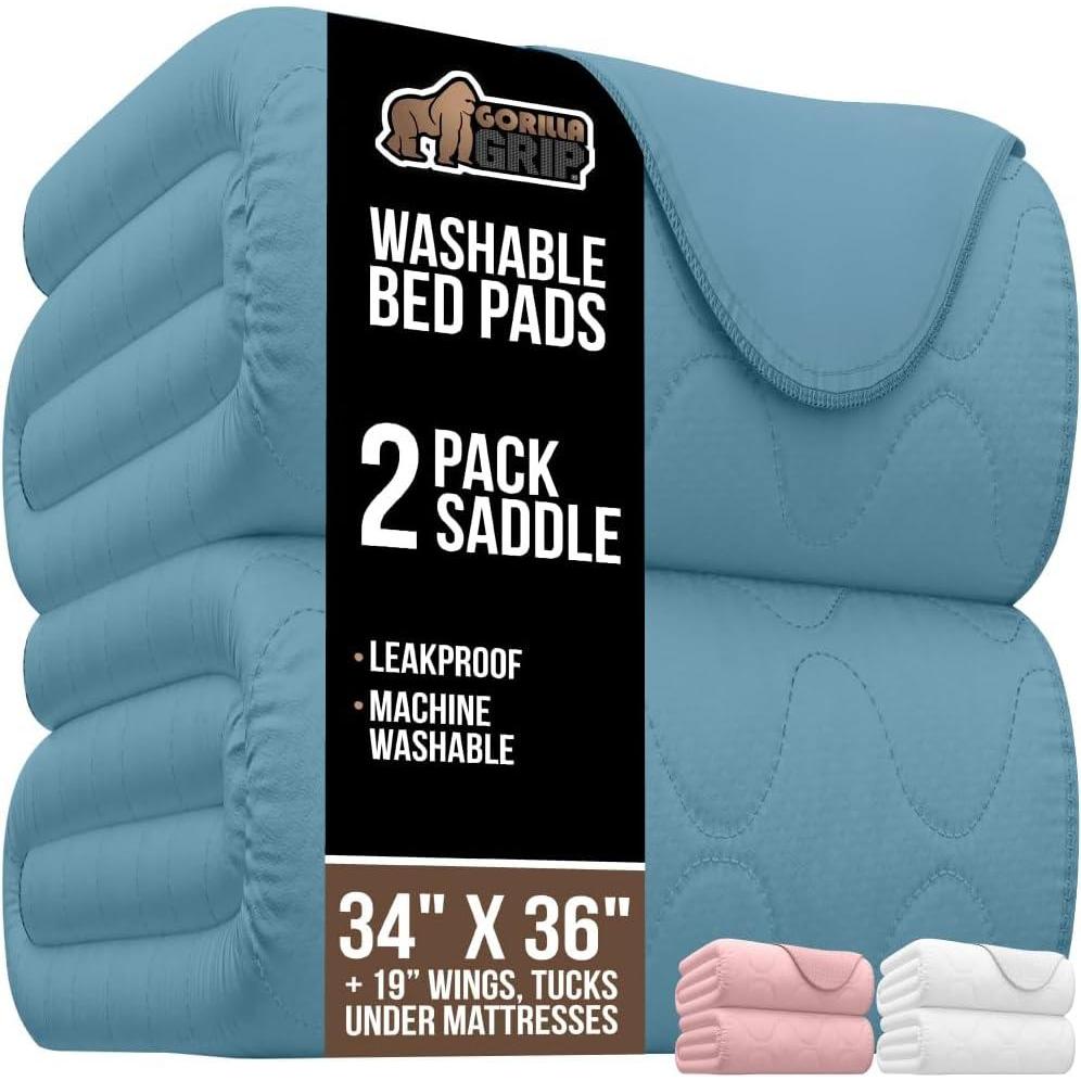 imageGORILLA GRIP Washable Underpads Waterproof Reusable Heavy Absorbency Incontinence Bed Pads Leak Proof Toddler Mattress Pad 52x34 Slip Resistant Protector for Bedwetting Adults and Kids WhiteSky Blue