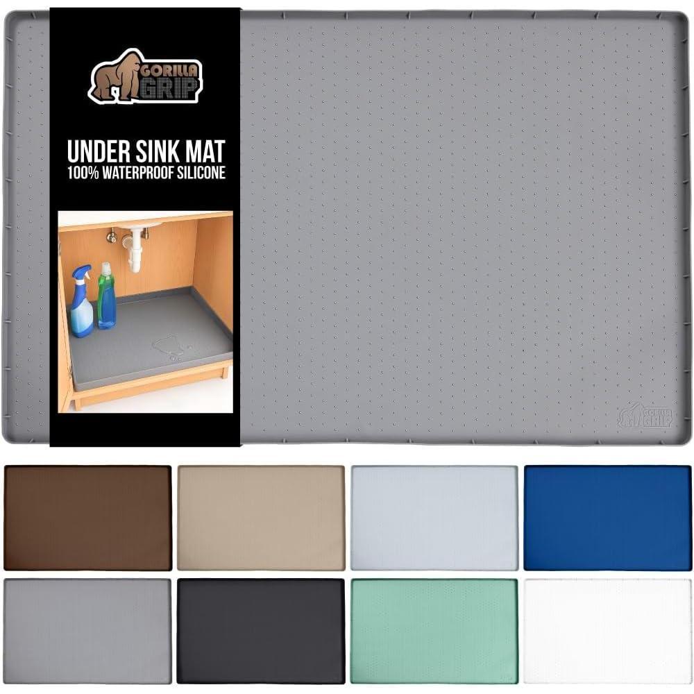 imageGORILLA GRIP Waterproof Silicone Under Sink Mat with Raised Lip for Kitchen and Bathroom Cabinet Shelf Liner Stay in Place Mats Dishwasher Safe Drawer Liner Organizer Tray 19 x 22 in GrayGray