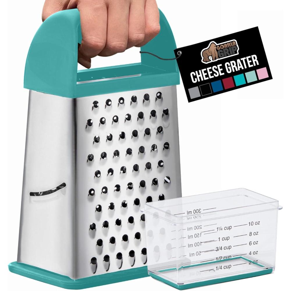 imageGORILLA GRIP XL 4Sided Cheese Grater With Container 100 BPAFree Stainless Steel Box Graters Parmesan Shredder Grate Cheeses Shred Veggies Slip Resistant Handle Dishwasher Safe Zester BlackTurquoise