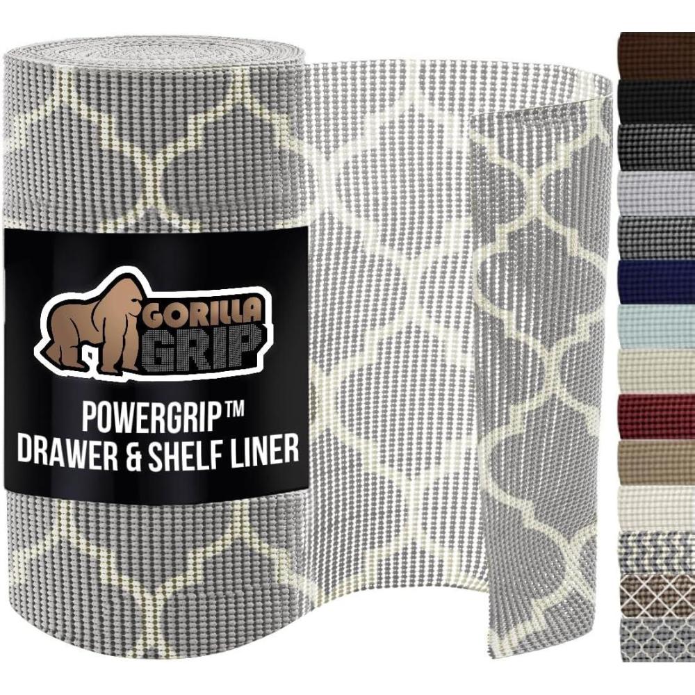 imageGORILLA GRIP powerGRIP Drawer Shelf and Cabinet Liner Thick Strong Hold NonAdhesive Liners Protect Kitchen Cabinets and Cupboard Bathroom Drawers Easy Install Breathable Mat 12 x20 GrayQuatrefoil GrayWhite