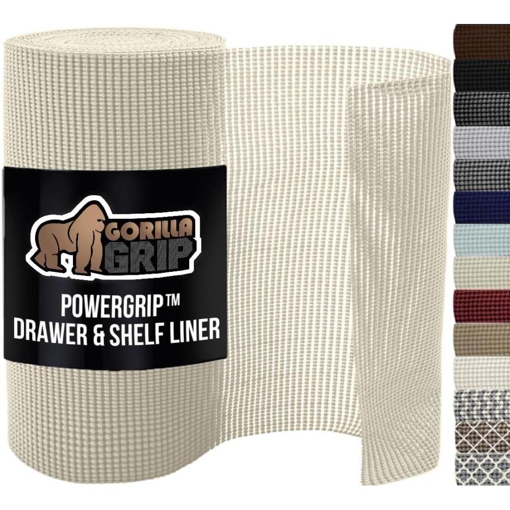 imageGORILLA GRIP powerGRIP Drawer Shelf and Cabinet Liner Thick Strong Hold NonAdhesive Liners Protect Kitchen Cabinets and Cupboard Bathroom Drawers Easy Install Breathable Mat 12 x20 GrayCream
