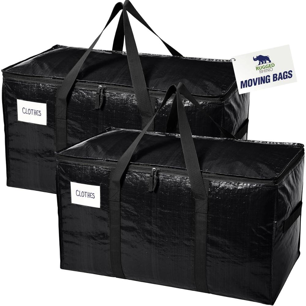 imageRUGGED RHINO Heavy Duty Extra Large Blue Moving Bags Durable Bag with Strong Handles and Zipper Moving Boxes Alternative for College Packing Holiday Dcor Space Saving Storage with Label 2 PackBlack