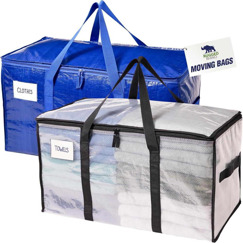 imageRUGGED RHINO Heavy Duty Extra Large Blue Moving Bags Durable Bag with Strong Handles and Zipper Moving Boxes Alternative for College Packing Holiday Dcor Space Saving Storage with Label 2 PackTranslucentBlue