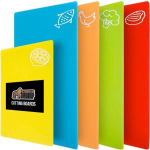 GORILLA GRIP 100% BPA-Free Flexible Cutting Board Set of 5, Durable Plastic Mats with Food Icons for Meal Prepping, Large and Mini Kitchen Chopping Mat, Use for Meat Fish Vegetables Fruit, Multicolor(Pack of 5)