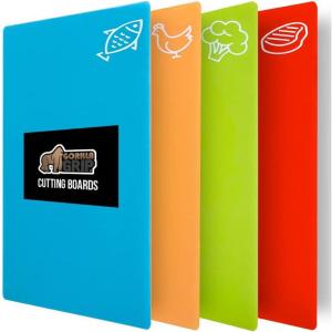 GORILLA GRIP 100% BPA-Free Flexible Cutting Board Set of 5, Durable Plastic Mats with Food Icons for Meal Prepping, Large and Mini Kitchen Chopping Mat, Use for Meat Fish Vegetables Fruit, Multicolor(Pack of 4)