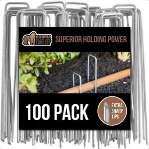 GORILLA GRIP 100 Pack Strong Galvanized Steel Landscape Staples, Rust-Resistant Sharp Tips, Plant and Garden Stakes, Adjustable Ground Yard Anchors, Outdoor Metal Landscaping Pins for Lawn, 6 Inch(100 Pack)