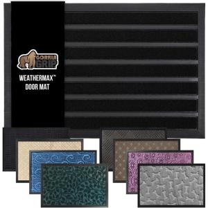 GORILLA GRIP 100% Waterproof All-Season WeatherMax Doormat US Designed Natural Rubber, Stain and Fade Resistant, Low Profile Indoor Outdoor Door Mats, Easy Clean Patio Mat, 17×29, Steel Chevron(Black Stripe)