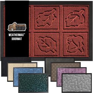 GORILLA GRIP 100% Waterproof All-Season WeatherMax Doormat US Designed Natural Rubber, Stain and Fade Resistant, Low Profile Indoor Outdoor Door Mats, Easy Clean Patio Mat, 17×29, Steel Chevron(Burgundy Leaves)