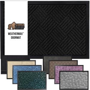 GORILLA GRIP 100% Waterproof All-Season WeatherMax Doormat US Designed Natural Rubber, Stain and Fade Resistant, Low Profile Indoor Outdoor Door Mats, Easy Clean Patio Mat, 17×29, Steel Chevron(Black Diamond)