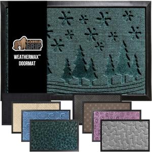 GORILLA GRIP 100% Waterproof All-Season WeatherMax Doormat US Designed Natural Rubber, Stain and Fade Resistant, Low Profile Indoor Outdoor Door Mats, Easy Clean Patio Mat, 17×29, Steel Chevron(Evergreen Snowscape)