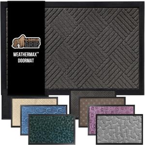 GORILLA GRIP 100% Waterproof All-Season WeatherMax Doormat US Designed Natural Rubber, Stain and Fade Resistant, Low Profile Indoor Outdoor Door Mats, Easy Clean Patio Mat, 17×29, Steel Chevron(Gray Diamond)