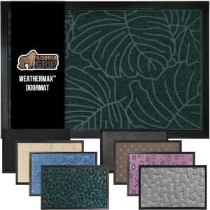 GORILLA GRIP 100% Waterproof All-Season WeatherMax Doormat US Designed Natural Rubber, Stain and Fade Resistant, Low Profile Indoor Outdoor Door Mats, Easy Clean Patio Mat, 17×29, Steel Chevron(Green Palm)