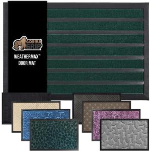 GORILLA GRIP 100% Waterproof All-Season WeatherMax Doormat US Designed Natural Rubber, Stain and Fade Resistant, Low Profile Indoor Outdoor Door Mats, Easy Clean Patio Mat, 17×29, Steel Chevron(Green Stripe)