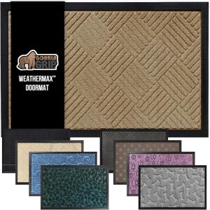GORILLA GRIP 100% Waterproof All-Season WeatherMax Doormat US Designed Natural Rubber, Stain and Fade Resistant, Low Profile Indoor Outdoor Door Mats, Easy Clean Patio Mat, 17×29, Steel Chevron(Beige Diamond)