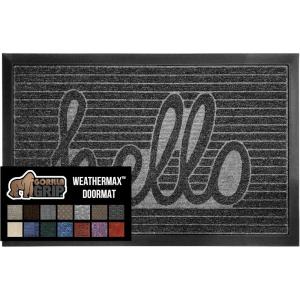 GORILLA GRIP 100% Waterproof All-Season WeatherMax Doormat US Designed Natural Rubber, Stain and Fade Resistant, Low Profile Indoor Outdoor Door Mats, Easy Clean Patio Mat, 17×29, Steel Chevron(Charcoal Hello)