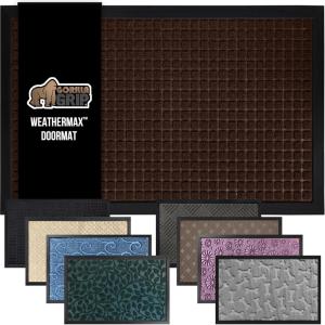 GORILLA GRIP 100% Waterproof All-Season WeatherMax Doormat US Designed Natural Rubber, Stain and Fade Resistant, Low Profile Indoor Outdoor Door Mats, Easy Clean Patio Mat, 17×29, Steel Chevron(Coffee Squares)