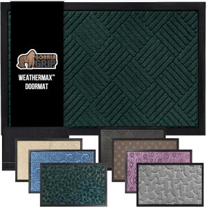 GORILLA GRIP 100% Waterproof All-Season WeatherMax Doormat US Designed Natural Rubber, Stain and Fade Resistant, Low Profile Indoor Outdoor Door Mats, Easy Clean Patio Mat, 17×29, Steel Chevron(Green Diamond)