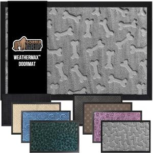 GORILLA GRIP 100% Waterproof All-Season WeatherMax Doormat US Designed Natural Rubber, Stain and Fade Resistant, Low Profile Indoor Outdoor Door Mats, Easy Clean Patio Mat, 17×29, Steel Chevron(Light Gray Bones)
