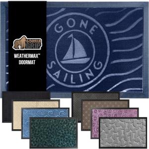 GORILLA GRIP 100% Waterproof All-Season WeatherMax Doormat US Designed Natural Rubber, Stain and Fade Resistant, Low Profile Indoor Outdoor Door Mats, Easy Clean Patio Mat, 17×29, Steel Chevron(Blue Gone Sailing)