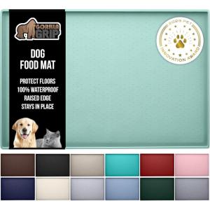 GORILLA GRIP 100% Waterproof Raised Edge BPA Free Silicone Pet Feeding Mat, Dog Cat Food Mats Contain Spills Protects Floors, Placemats for Cats and Dogs Water Bowl, Pets Accessories 18.5×11.5 Gray(Mint)