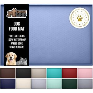 GORILLA GRIP 100% Waterproof Raised Edge BPA Free Silicone Pet Feeding Mat, Dog Cat Food Mats Contain Spills Protects Floors, Placemats for Cats and Dogs Water Bowl, Pets Accessories 18.5×11.5 Gray(Light Blue)