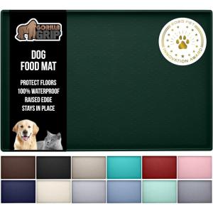 GORILLA GRIP 100% Waterproof Raised Edge BPA Free Silicone Pet Feeding Mat, Dog Cat Food Mats Contain Spills Protects Floors, Placemats for Cats and Dogs Water Bowl, Pets Accessories 18.5×11.5 Gray(Hunter Green)