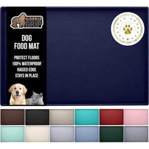GORILLA GRIP 100% Waterproof Raised Edge BPA Free Silicone Pet Feeding Mat, Dog Cat Food Mats Contain Spills Protects Floors, Placemats for Cats and Dogs Water Bowl, Pets Accessories 18.5×11.5 Gray(Navy)
