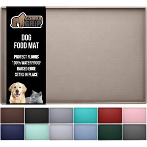 GORILLA GRIP 100% Waterproof Raised Edge BPA Free Silicone Pet Feeding Mat, Dog Cat Food Mats Contain Spills Protects Floors, Placemats for Cats and Dogs Water Bowl, Pets Accessories 18.5×11.5 Gray(Beige)