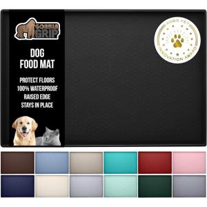 GORILLA GRIP 100% Waterproof Raised Edge BPA Free Silicone Pet Feeding Mat, Dog Cat Food Mats Contain Spills Protects Floors, Placemats for Cats and Dogs Water Bowl, Pets Accessories 18.5×11.5 Gray(Black)