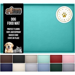 GORILLA GRIP 100% Waterproof Raised Edge BPA Free Silicone Pet Feeding Mat, Dog Cat Food Mats Contain Spills Protects Floors, Placemats for Cats and Dogs Water Bowl, Pets Accessories 18.5×11.5 Gray(Turquoise)