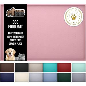 GORILLA GRIP 100% Waterproof Raised Edge BPA Free Silicone Pet Feeding Mat, Dog Cat Food Mats Contain Spills Protects Floors, Placemats for Cats and Dogs Water Bowl, Pets Accessories 18.5×11.5 Gray(Pink)