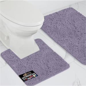 GORILLA GRIP Area Rug Sets 3 Piece, Bath Mat Set and Oval Toilet Base with Rubber Backing, Plush Absorbent Shaggy Chenille Washable Mats, Includes 24×19.5, 24×17 and 30×20 Inch Rugs, Grey(Light Purple)